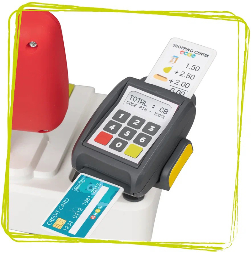 Банковский терминал Smoby 350228 позволяет расплатиться с помощью пластиковой карты